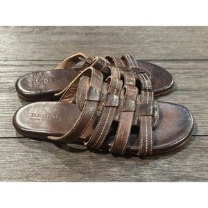 BED STU ZIRA TEAK RUSTIC Brown Boho Leather Slide Sandals Sz 6.5 beach resort